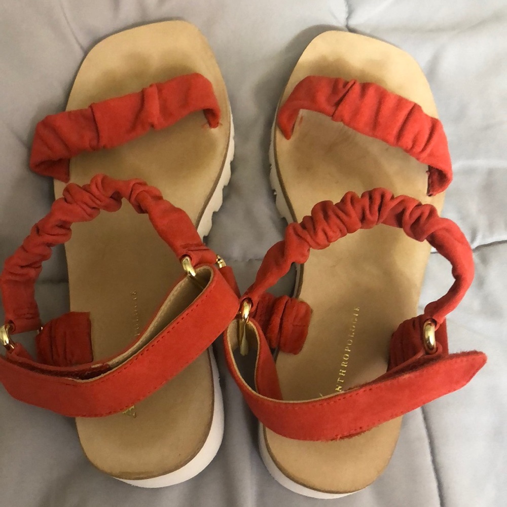 Anthropologie Red Ruched Strap Platform Sandals